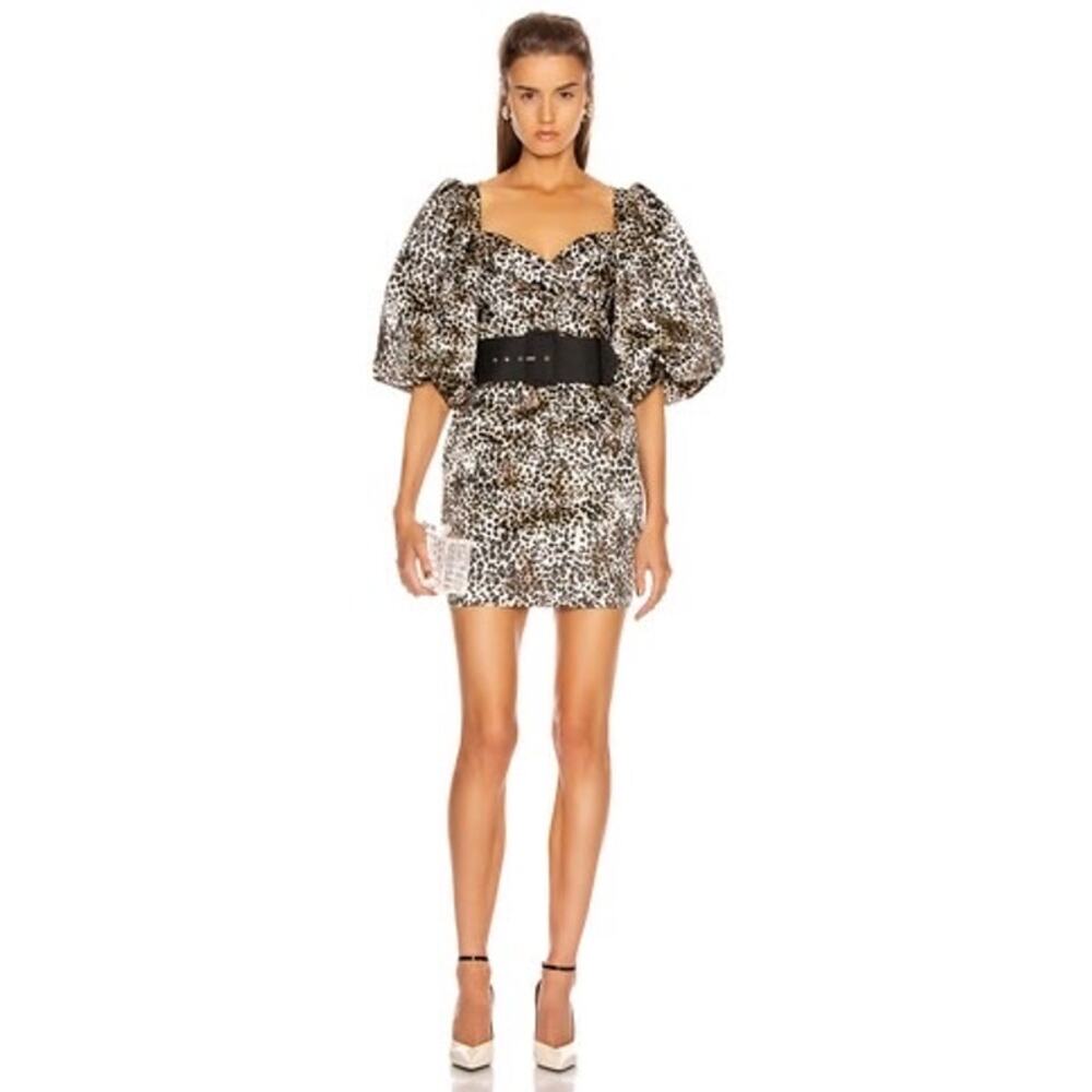 Rasario Leopard Puff Sleeve Animal Print Glam Party Mini Dress US 4